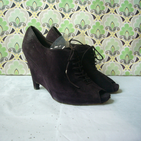 Pied a Terre Black Suede Sculpted Wedge Peep Toe Boot Lace upSize 41 US 10